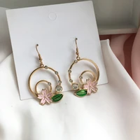 women jewelry flower green leaves drop earrings popular design sweet korean temperament dangle earrings for girl lady gifts