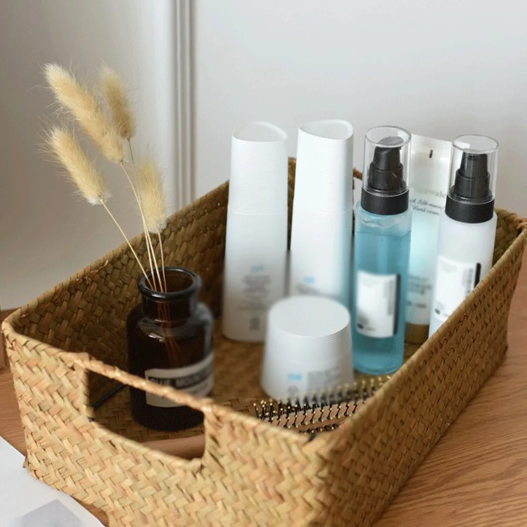 

Hand-Woven Rectangular Rattan Wicker Basket Fruit Tea Snack Bread Picnic Cosmetic Living Room Storage Box Kitchen Supplies