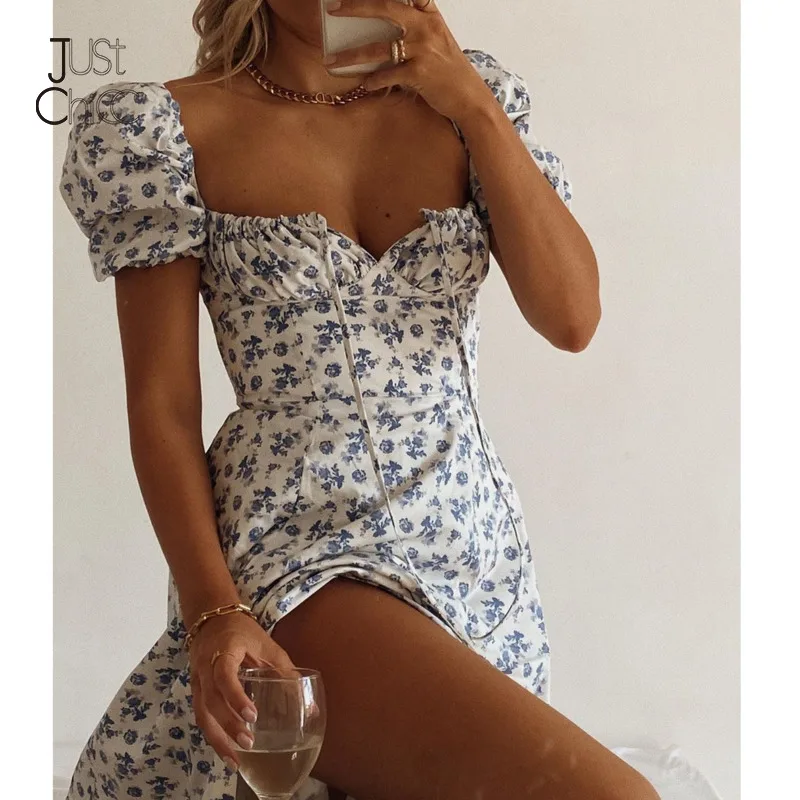 Платье миди женское с цветочным принтом квадратным вырезом рукавами-фонариками