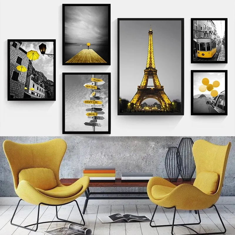 

Black and White Photograph Landscape Picture Home Decor Nordic Canvas Painting Wall Art Yellow Scenery Art Print for Living Room