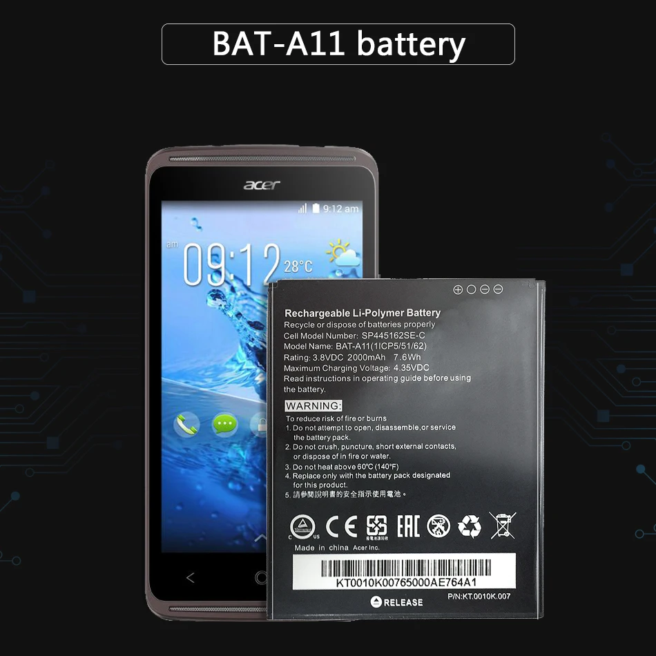 Протестированный литий-полимерный аккумулятор 2000 мАч для Acer Liquid Z410 T01 Z330 BAT A11