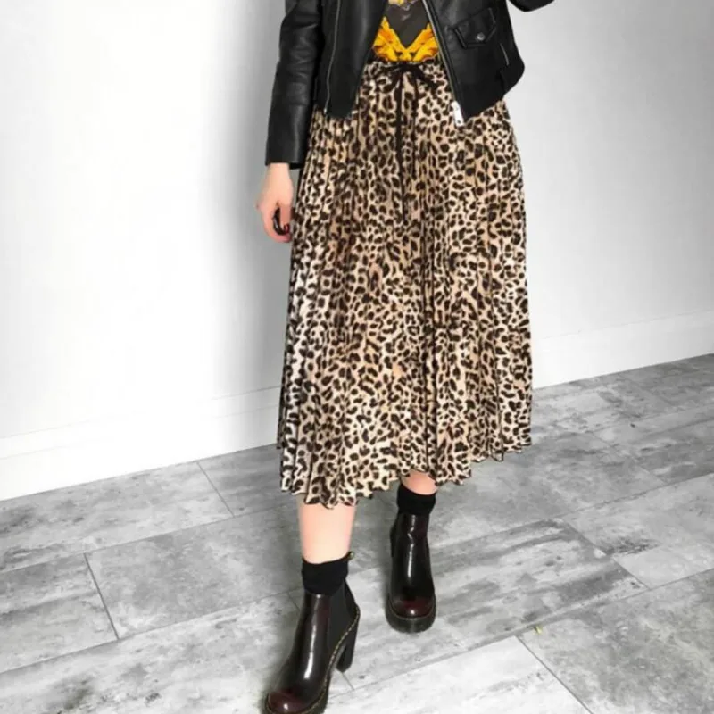 

Leopard print skirt drawstring pleated pleated skirt elastic all-match high-waist base skirt Pleated street wear Knee-Length