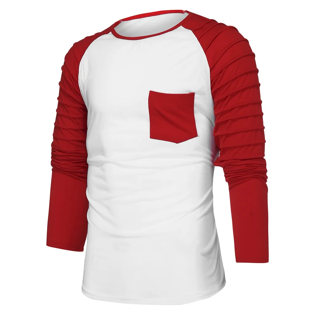 Chamsgend Men Pocket Long Sleeve T-shirt Stitching Round Neck Top Fashion Splicing Sports Pullover Camiseta Deportiva Hot Sales | Мужская