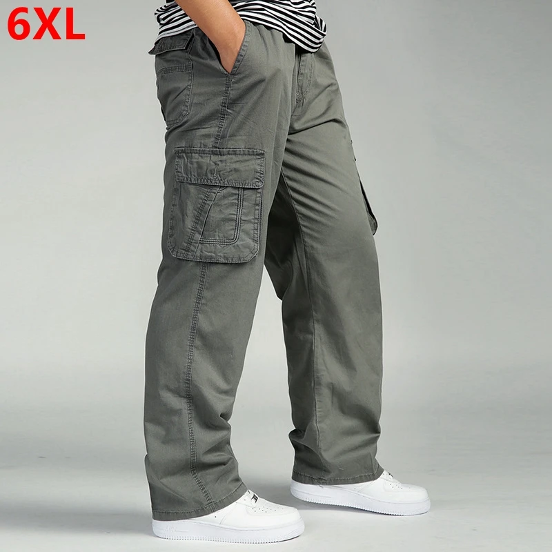 

Men's casual trousers cotton overalls elastic waist full len multi-pocket plus fertilizer XL men's clothing big size cargo pants