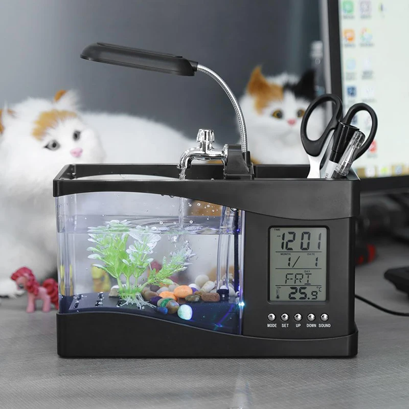 

Зарядное устройство USB мини аквариума бета аквариума с регулируемой яркостью LED светильник ЖК-дисплей Экран дисплея и часы Аквариум Украшен...