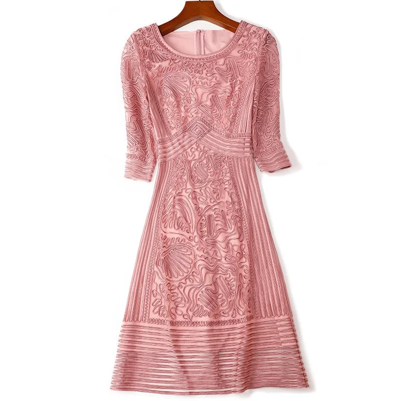 

Dress Vestido XXXXL De Festa 2021 Summer Fashion Bodycon Sheath Dress Women O-Neck Allover Exquisite Embroidery Pink Dress Tight
