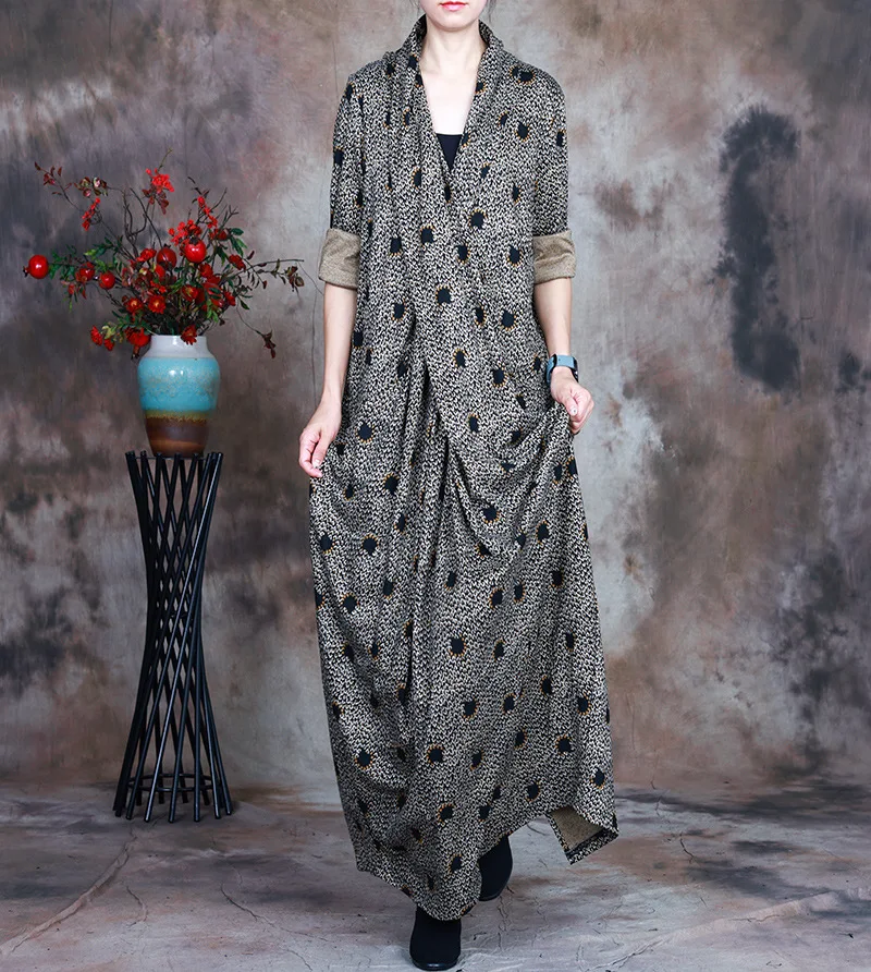 

Женское длинное платье с принтом, повседневное винтажное платье макси с V-образным вырезом, на шнуровке, свободное праздничное платье в стил...