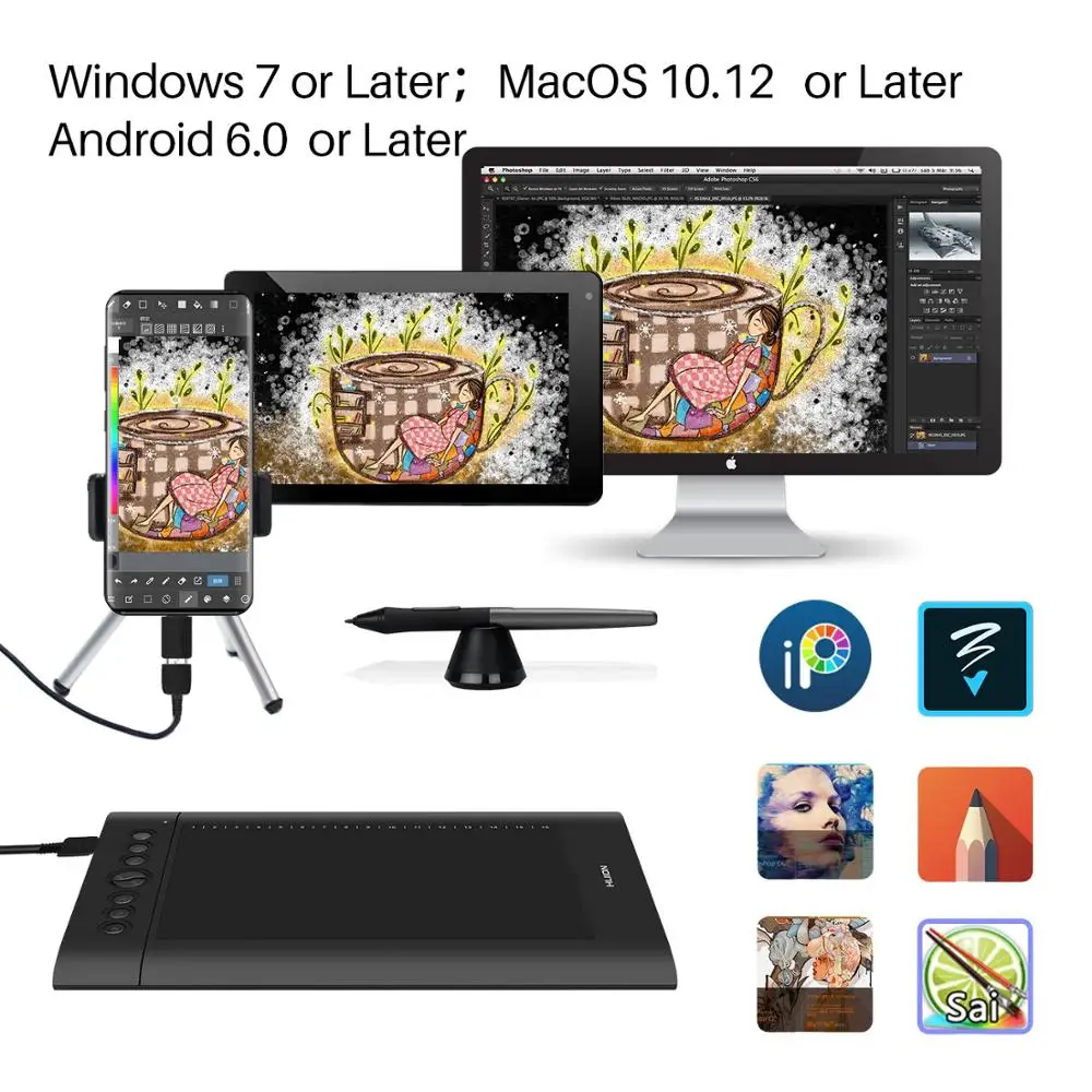 HUION USB цифровые графические планшеты H610PRO V2 с функцией наклона PW100 планшет для