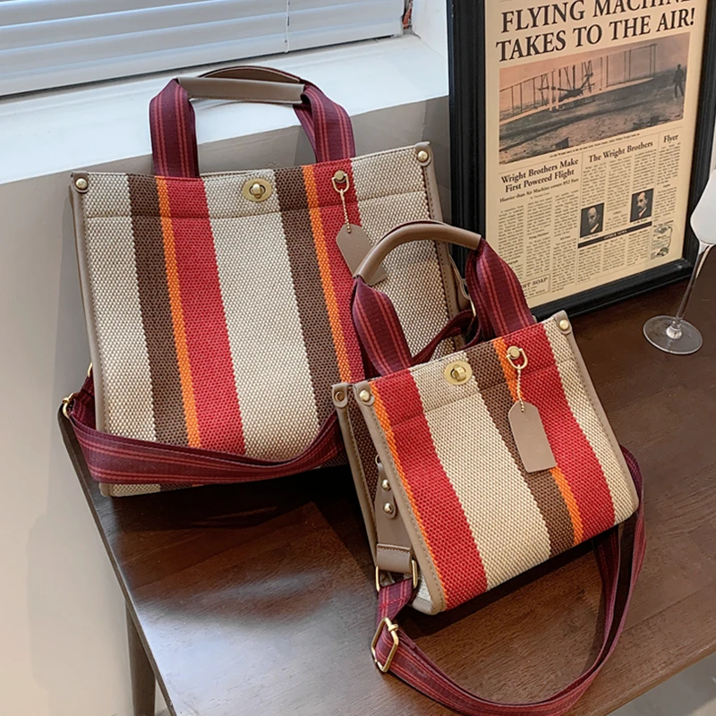 

Burminsa Stripe Canvas Tote Bags For Women Brand Designer Work Girls Handbags Wide Strap Ladies Shoulder Crossbody Bags Hot 2021