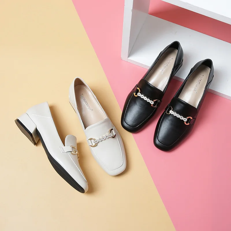 

British Loafers Women's Chunky Heel 2020 Summer New Style Black Thin Shoes