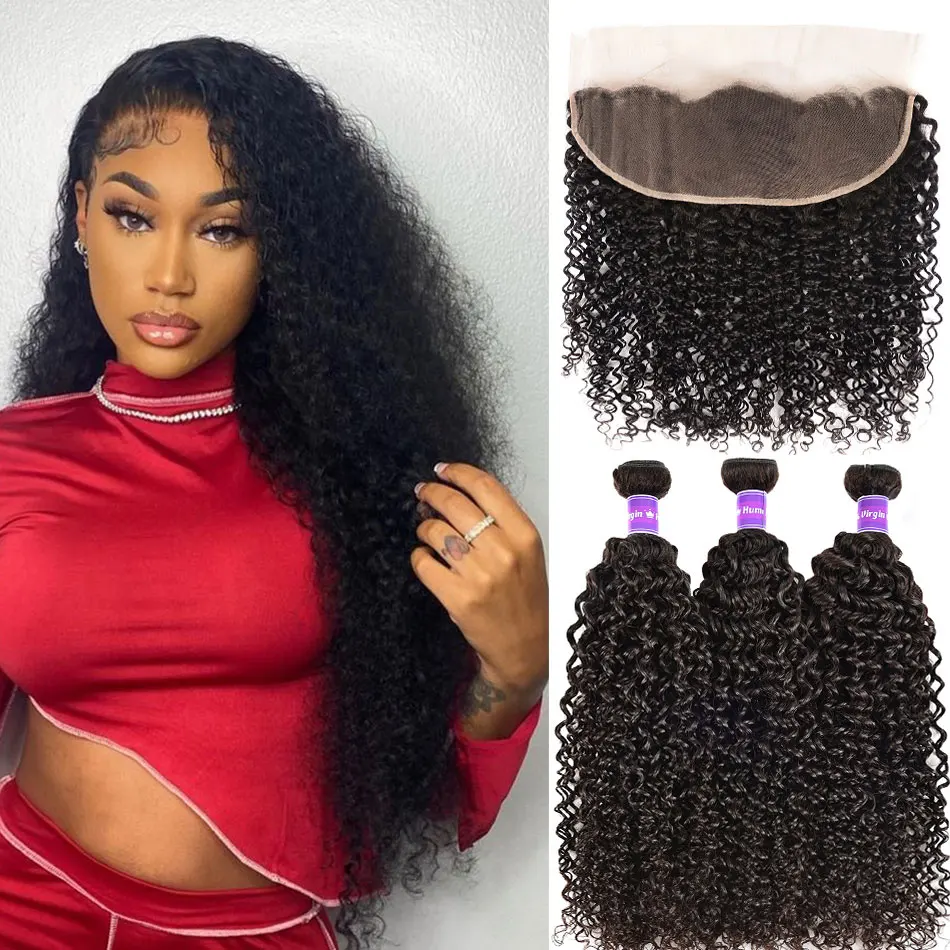 Malaysian Kinky Curly Hair Bundles With Frontal Curly Remy Human Hair Bundles With Closure Transparent Lace Frontal With Bundles