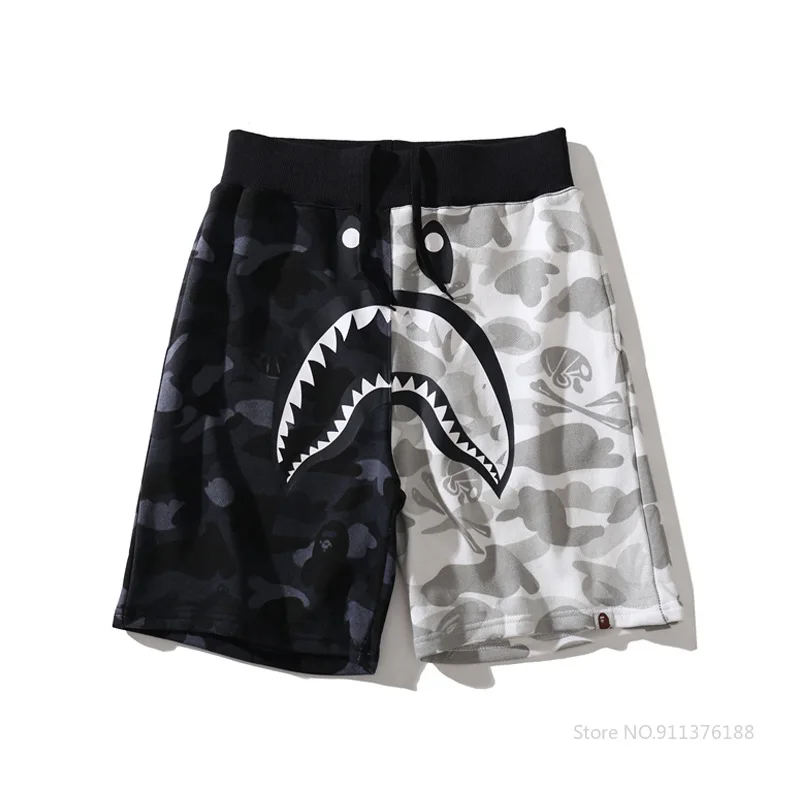 

Летние черно-белые хлопковые шорты с цветными блоками Bape Shark, повседневные пляжные брюки, спортивная одежда для мужчин