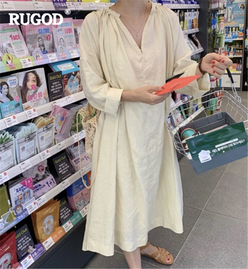 RUGOD 2019 Новый Осень Женщины Твердые Свободные Платья Плиссированные V-образным