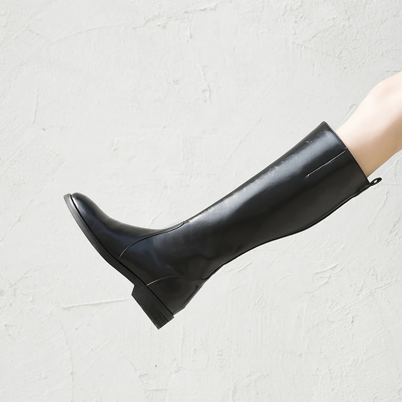 

Genuine Leather 3cm low heels Women's knee high Boots 2020 Autumn Winter Newest Office Lady Party Shoes Woman