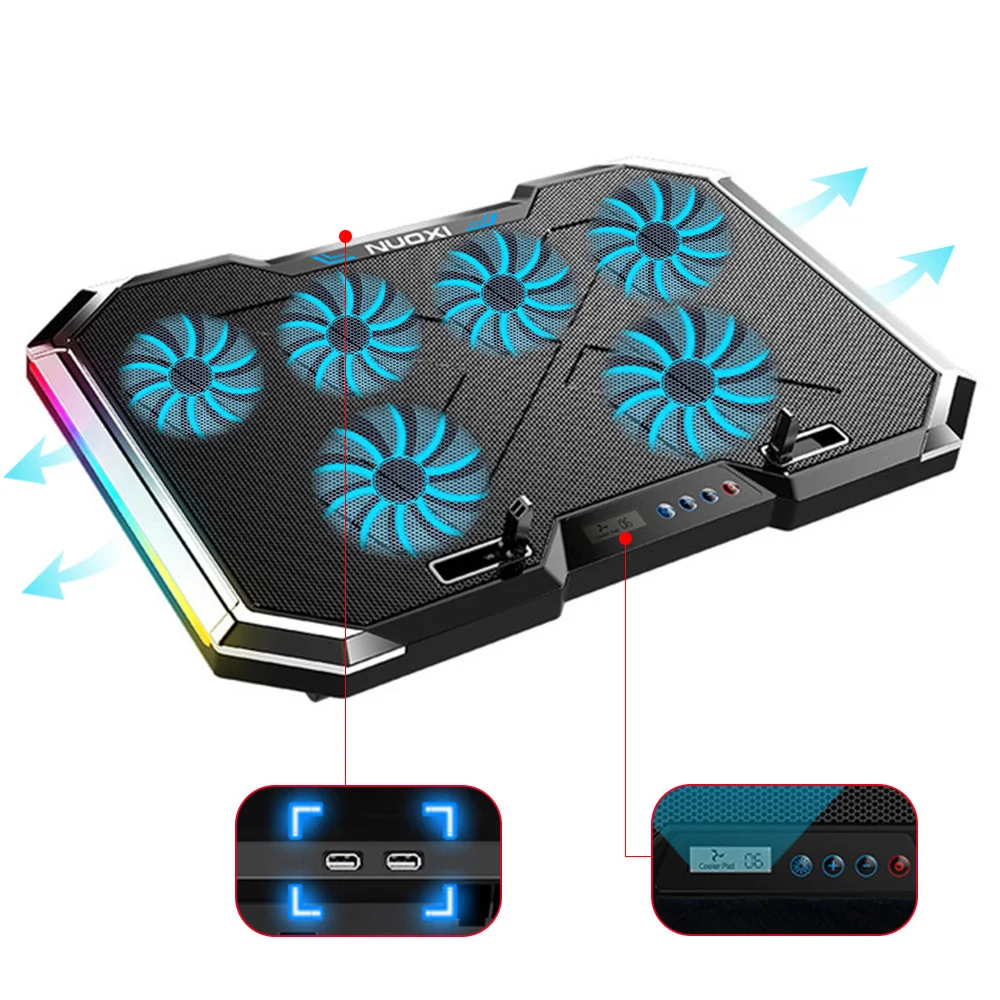 

Laptop Cooling Stand 6 Fans,12"-18" Notebook Radiator 2 USB 6 Speed Touch Control Quiet, RGB Led Light, Efficient Cooling