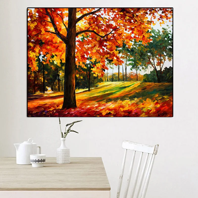 Красочные листья любовник дождь уличное дерево лампа пейзаж картина маслом на