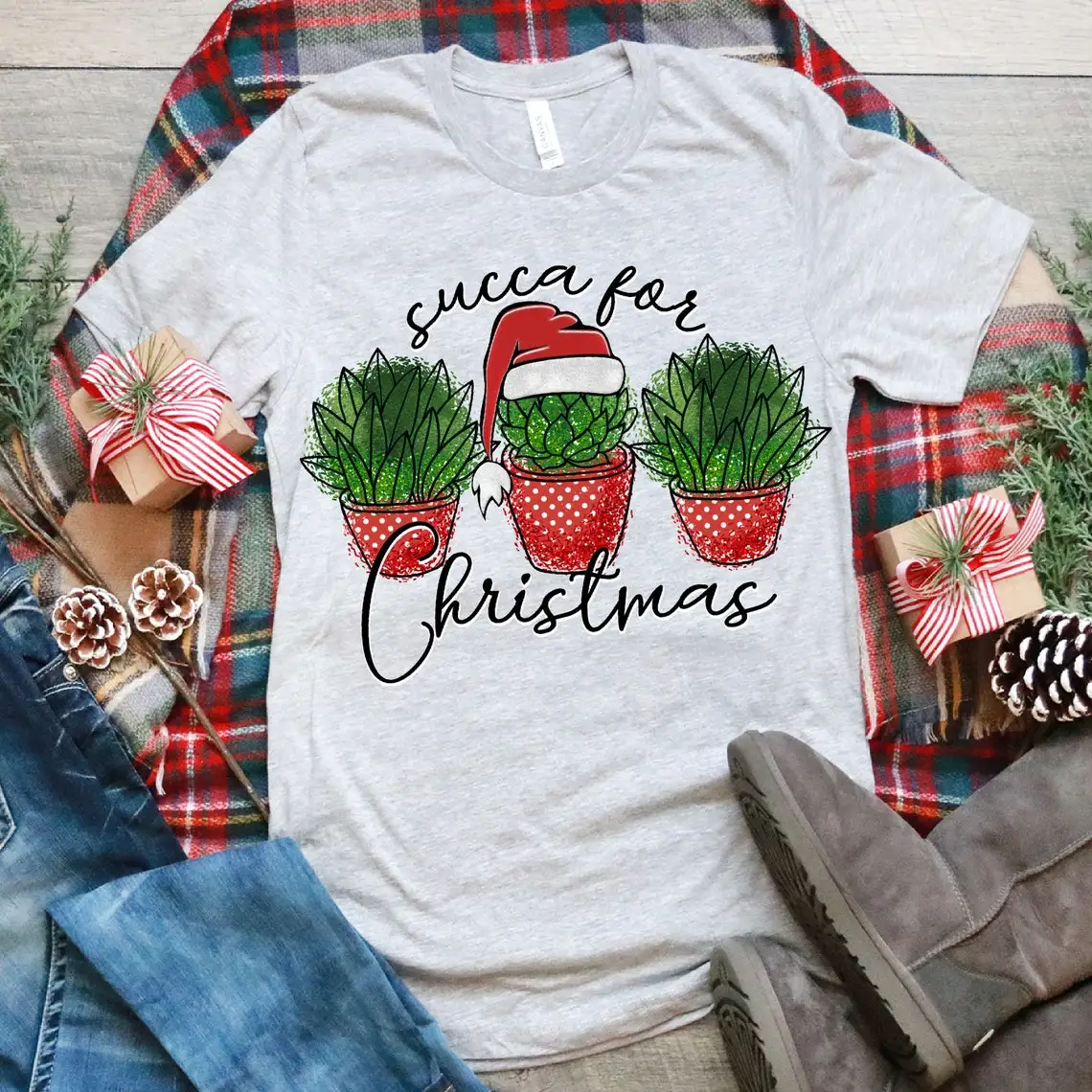 Succulent Plants Merry Christmas Graphic Print T-Shirt Women Funny Gray Oversized Tshirt Femme Harajuku Shirt Summer Tops Tee