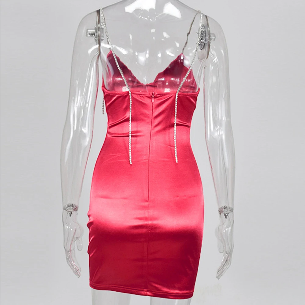 

Fyrneh Women Girls Fashion Pink Casual Outfits Party Mini Dress Diamond Sheath Spaghetti Strap StainSexy Night Club Vestido