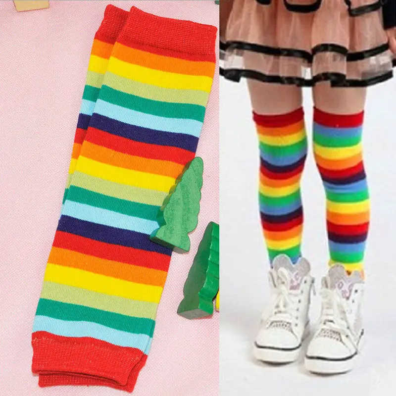 

Newborn Autumn New Baby Boys Girls Rainbow Striped Stockings Leg Warmers Colorful Soft Crawling Knee Pads Elbow Pads Protector