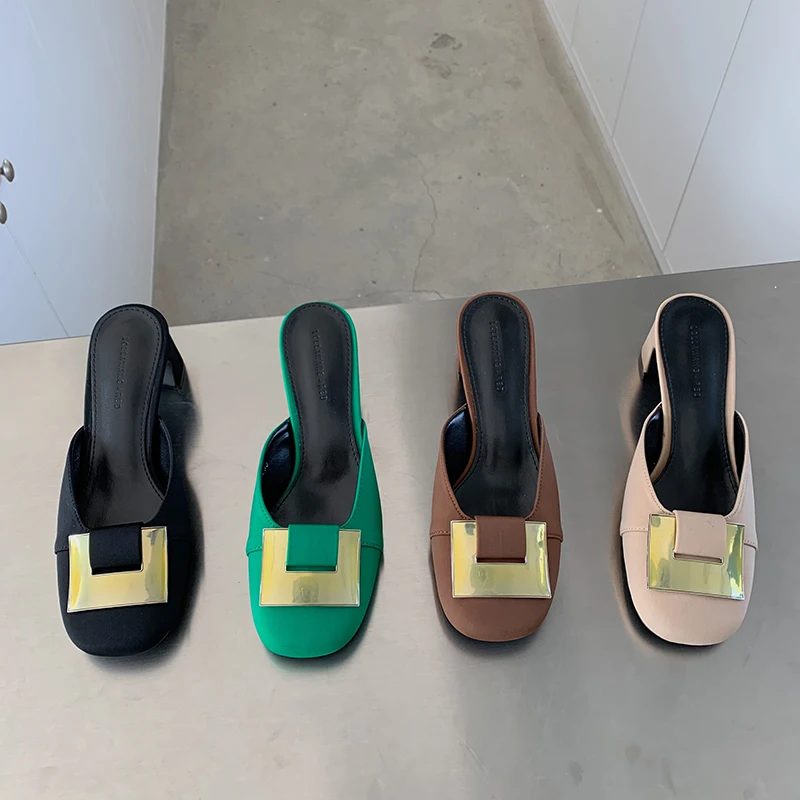 

Round Toe Women Slippers Summer Sandals Slides Mules Shoes Thick Mid Heels Black Green Brown Beige Casual Outdoor Pumps 35-39