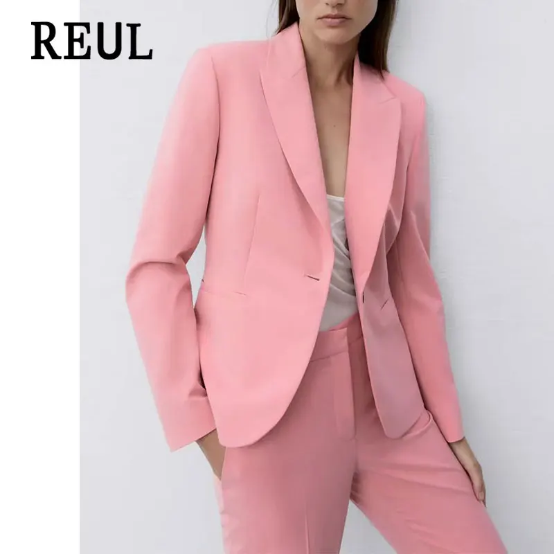 

REUL 2021 Za Women Fashion Single Button Slim Thin Blazer Coat Vintage Office Wear Long Sleeve Female Set Outerwear Chic Veste