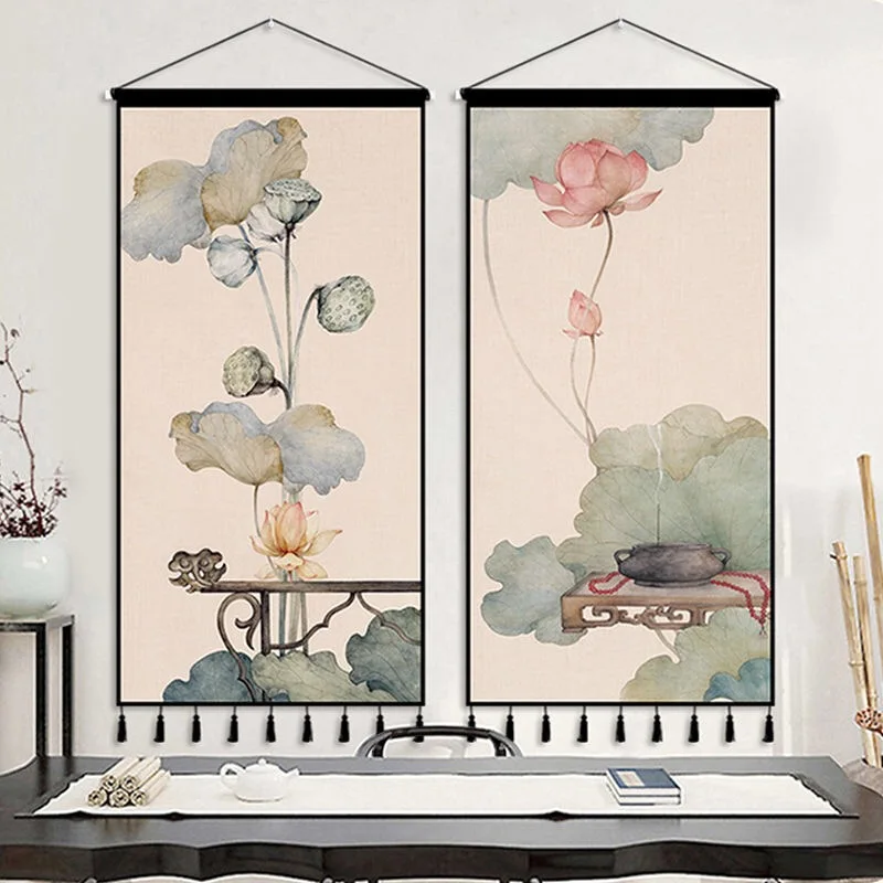 

Chinese Style Lotus Wall Paintings Tapestry Wall Art Vintage Room Decor Aesthetic Hanging Home Office Decoracion Para Sala