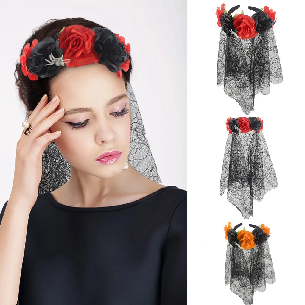 Регулируемый головной убор с сеткой пауком для Хеллоуина розовый цветок повязка