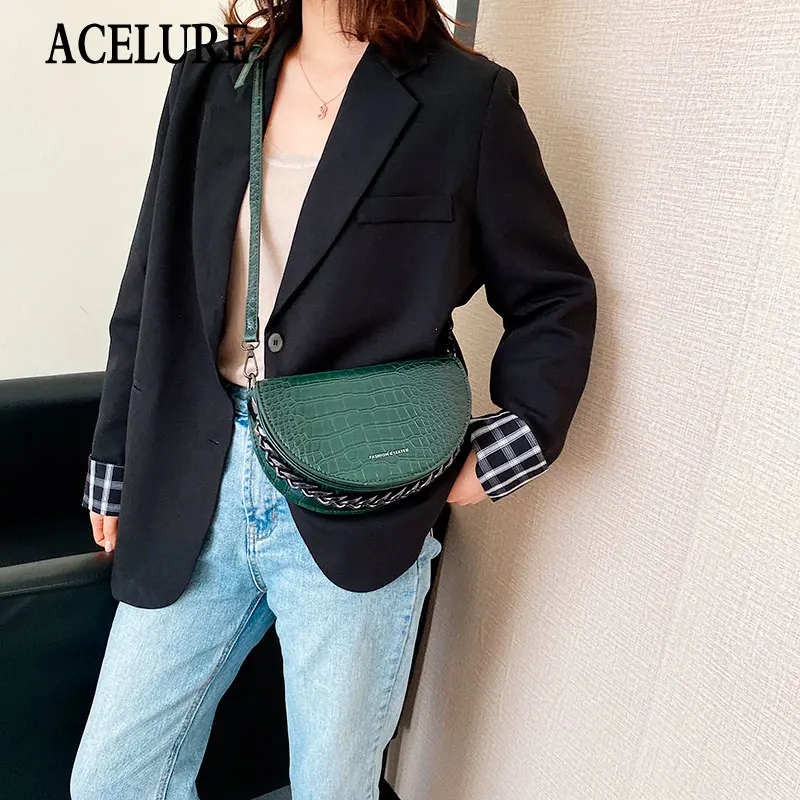 

ACELURE Autumn and Winter Fashion Shoulder Saddle Bag Stone Pattern PU Leather Black Small Crossbody Bag All-match Solid Purse