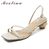 meotina shoes women genuine leather sandals narrow band med heel sandals square toe shoes strange style ladie footwear summer