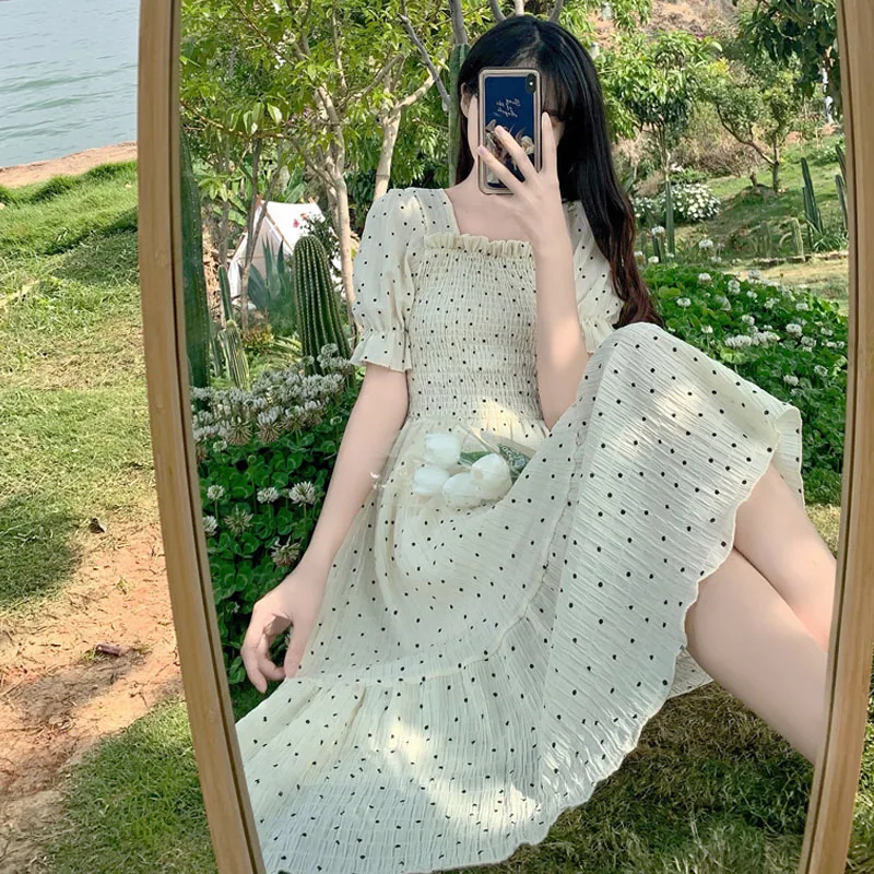

2021 Summer Floral Design Sweet Dress One-Piece Short Sleeve Chiffon Elegant Dress Korean Square Collar Dot For Female Dresses