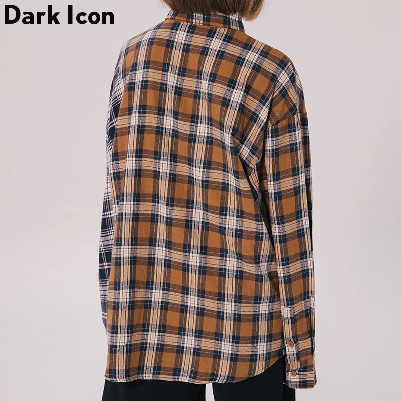 Plaid Patchwork Oversized Shirts Front Pocket Women Hip Hop Long Sleeve Women’s Yellow/Green |