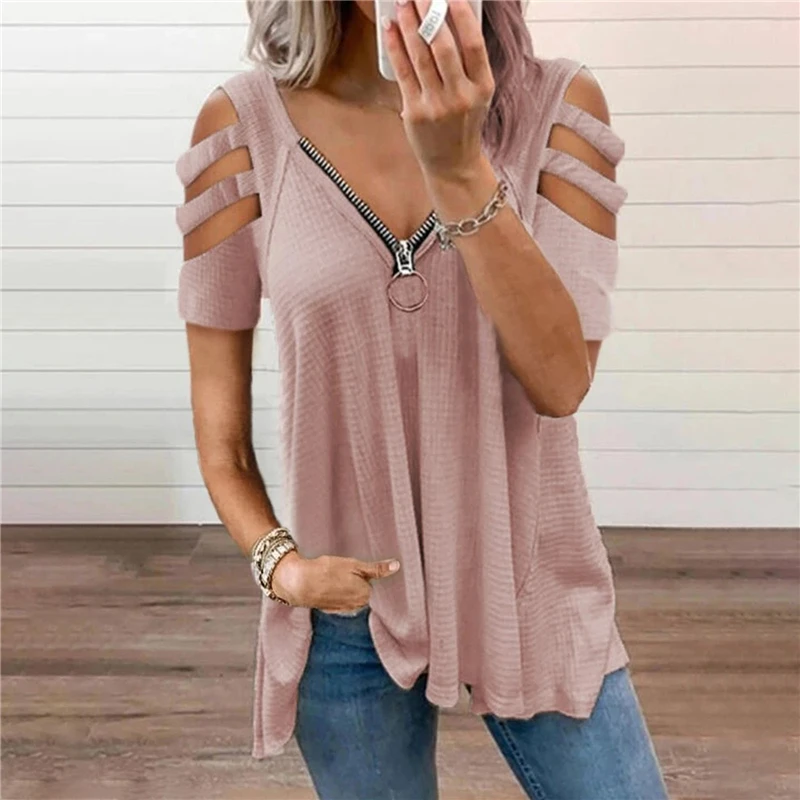 Женские Элегантные на молнии с v-образным декольте и коротким рукавом Свободное