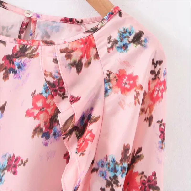 

2020 Autumn Women Chic Ruffles Floral Print Blouse o Neck Long Sleeve Pink Chiffon Shirt Female Office Wear Chic Tops Blusas