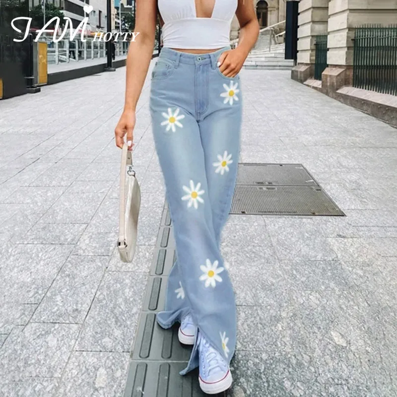 

y2k Slit Straight Floral Jeans Women Harajuku Casual High Waist Baggy Trousers Mom Denim Pants Cute Cargo Street Style Iamhotty