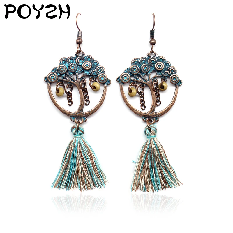 Бронзовые ретро хлопковые серьги с кисточками круглые подвесками в форме дерева