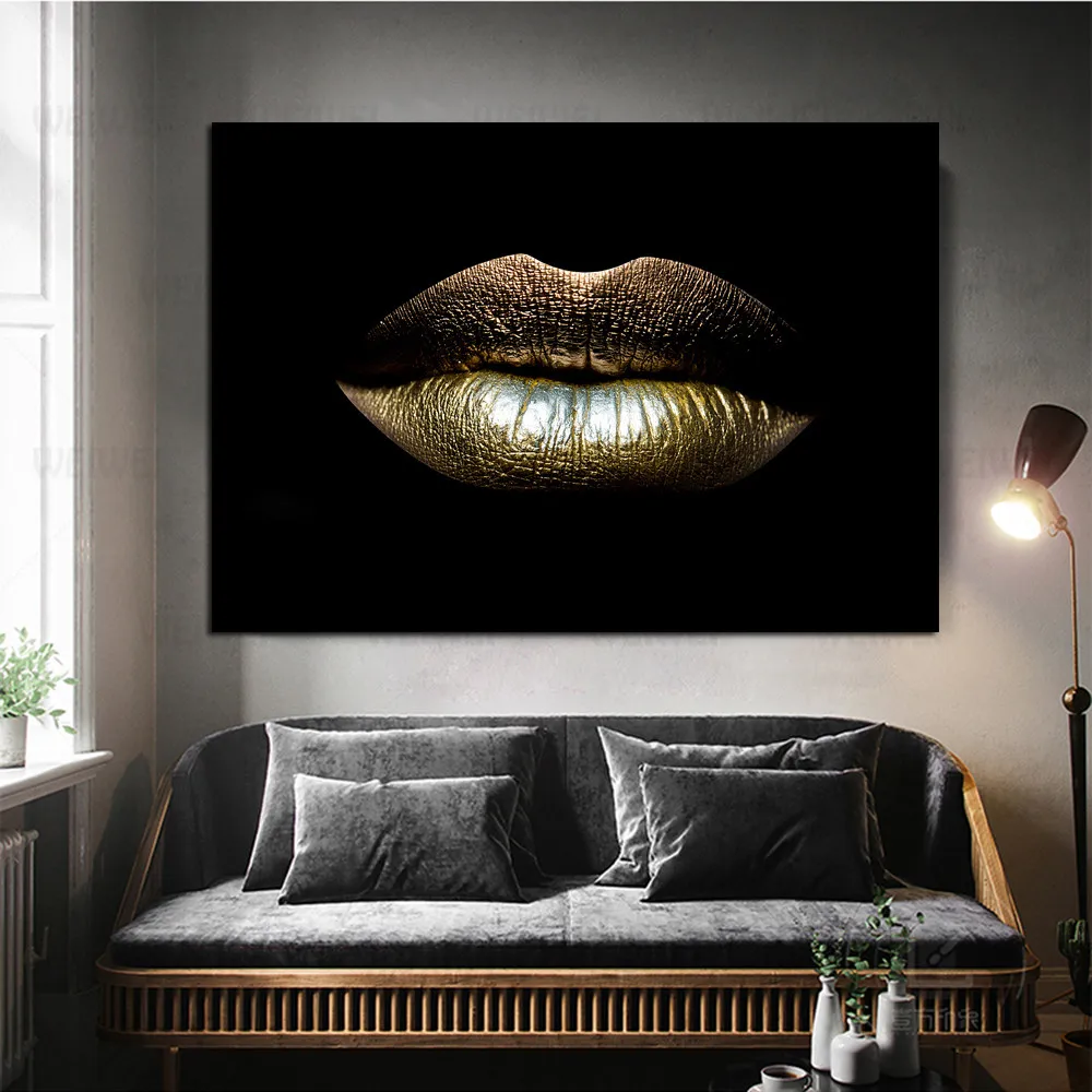 

Canvas Nordic Painting Prints Gold Lips Gradient Sexy Home Decor Posters Wall Artwork Modern Bedroom Framework Modular Pictures