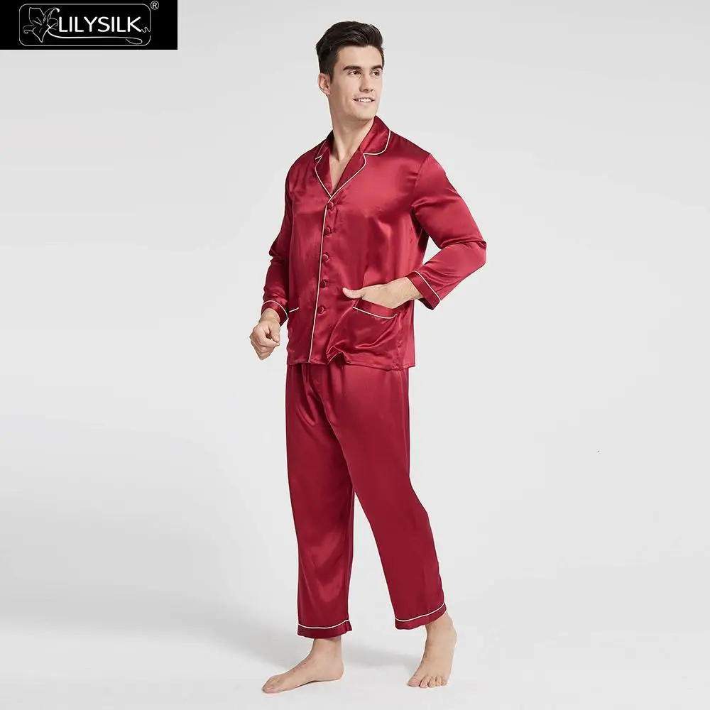 LilySilk пижамный комплект, мужские пижамы, одежда для сна, длинные, чистый 100 шелк, 22 momme, роскошный с отделкой,, распродажа