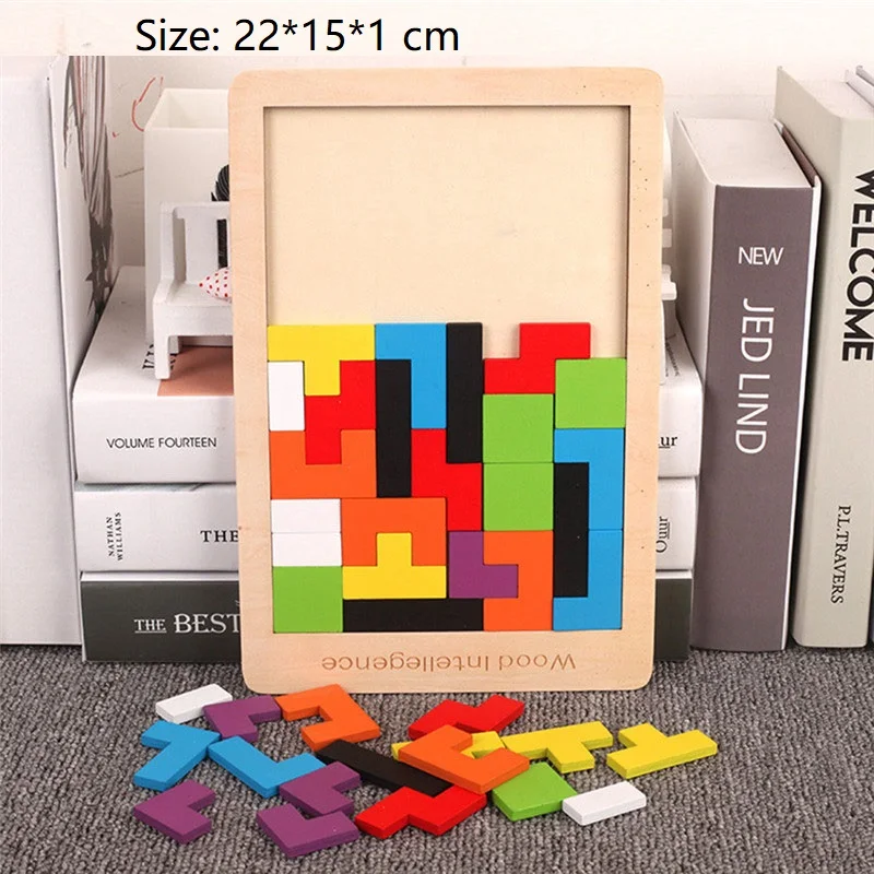 

Colorful 3D Puzzle Wooden Tangram Math Toys Tetris Game Children Pre-school Magination Intellectual Educational Toy for Kids