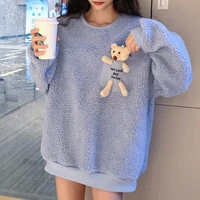 cute solid oversize bear hoodie women loose long sleeve ladies sweater with bear plush toy comfortable jumper new spring 2021