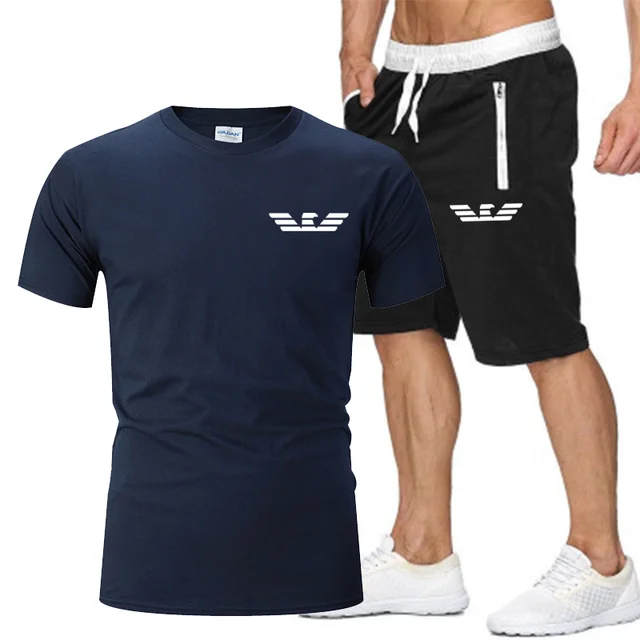 

New suit zipper pocket sports pants cover men's casual wear fitness running clothes sports shorts + T-shirt men two-piece suit.