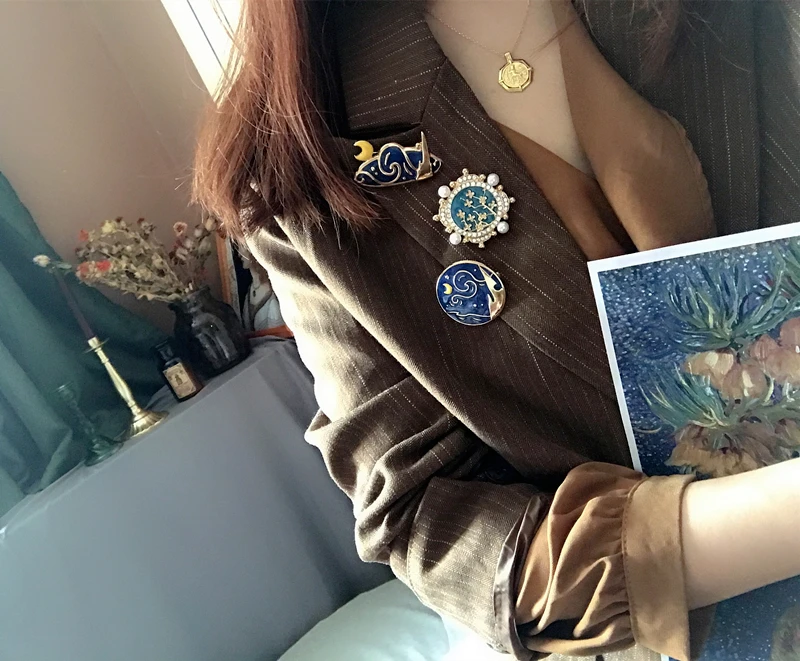 Новинка, Корея, Ван Гог, звездная ночь, Подсолнух, картина маслом, кабошон, купол, ювелирное изделие, ретро Брошь для женщин, девушек, подарок, вечерние