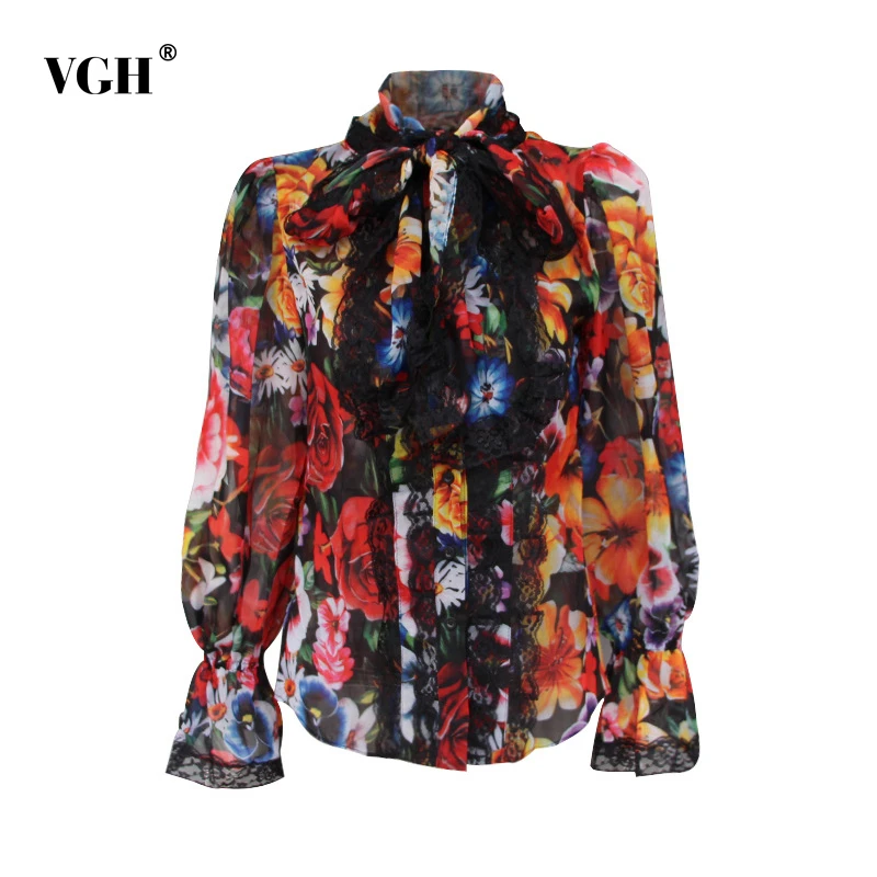 Женская кружевная блузка VGH элегантная повседневная с длинными рукавами бантом и