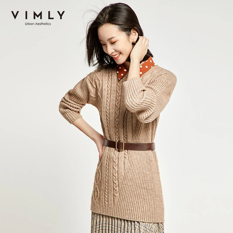 Vimly 2020 Autumn Winter Women Knit Sweater Vintage Solid Round Neck Loose Twist OL Style Elegant Female Long Pullover Top 99160 | Женская