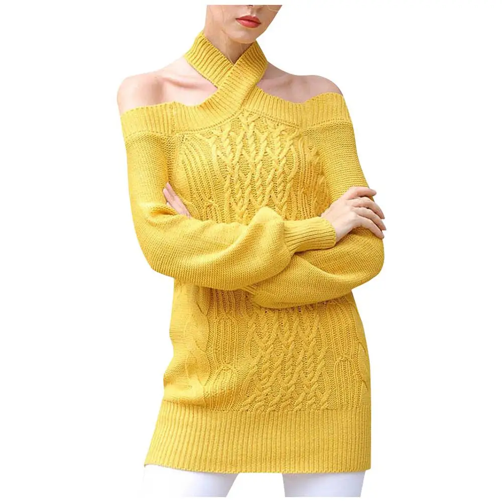 

Women Fashion O-neck Strapless Pullover Solid Color Long Sleeves Sweater Tops Ladies loose solid color simple sweater