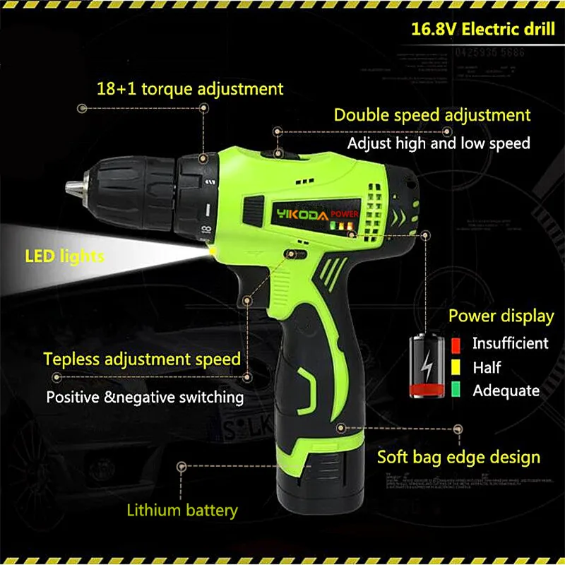 YIKODA 16.8V Electric Screwdriver Double Speed Rechargeable Cordless Drill Lithium Battery Mini Driver Household Power Tools | Инструменты