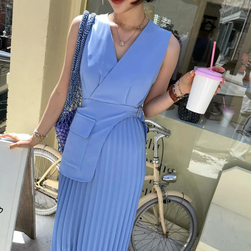 

Women Elegant V-neck Cross Solid Dresses Slim Waist Casual A-line Fold Vestidos Femme 2021 Summer Ladies Midi Dress
