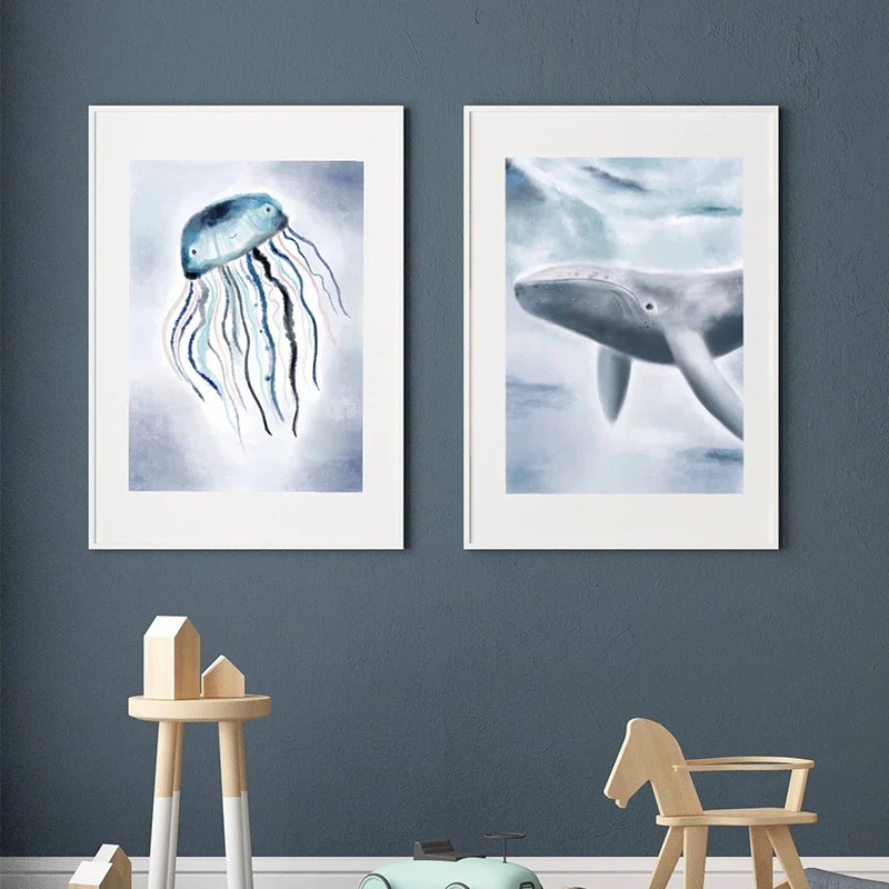 Акварель КИТ Акула детская настенная живопись холст скандинавские постеры и