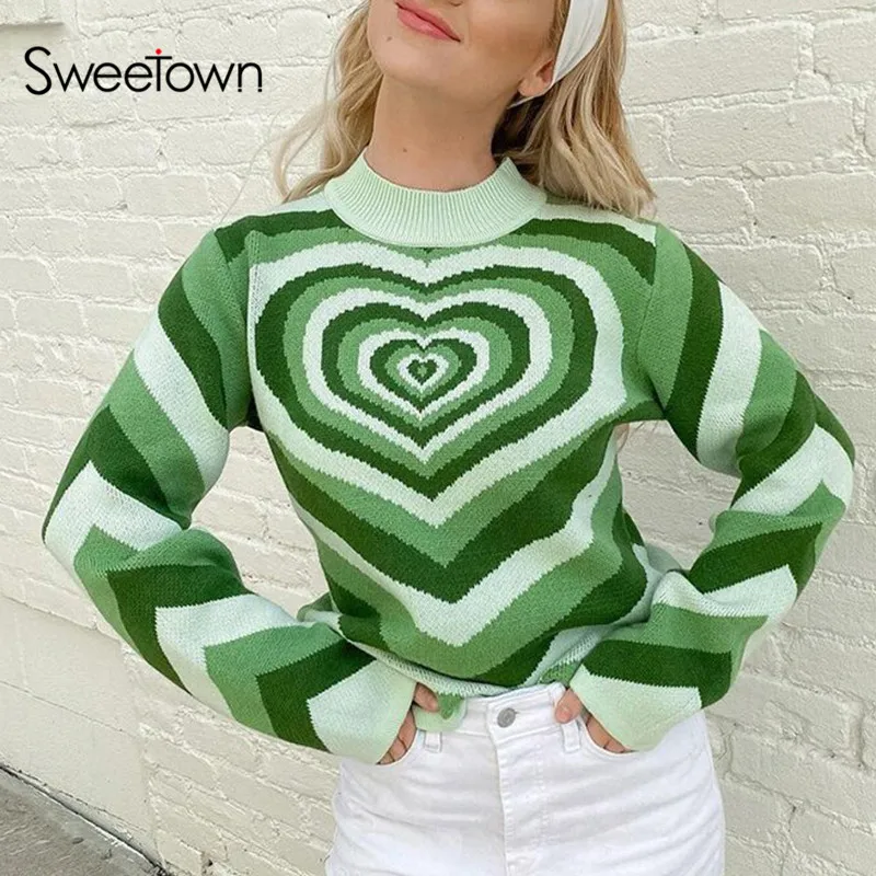 Женский трикотажный свитшот с принтом сердечек и круглым вырезом - купить по