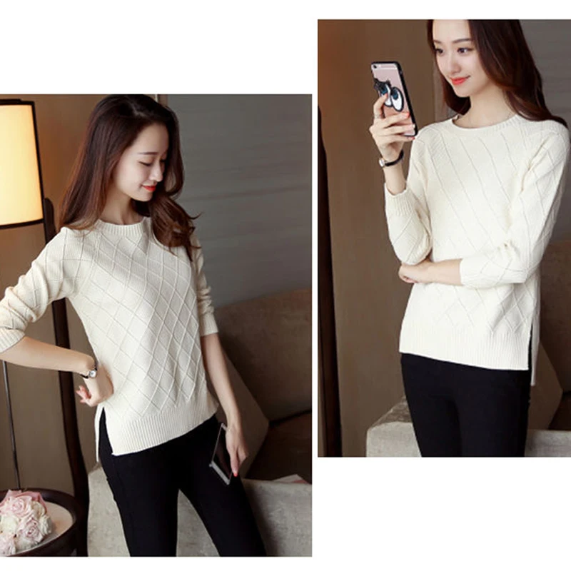 Однотонные вязаные пуловеры с круглым вырезом для женщин Повседневный свитер