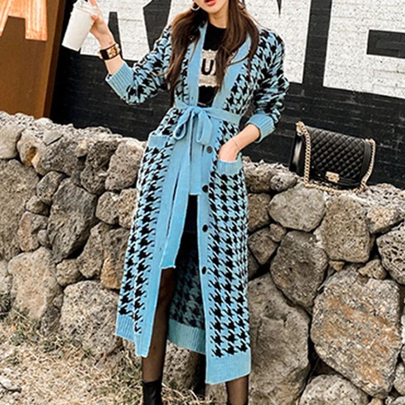 

Fashion Women V-Neck Slim Belt Cardigan Knitted Sweater 2021 New Design Classic Houndstooth Pattern Long Coat Office Lady Coats